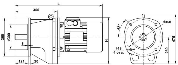 Габаритные размеры мотор-редуктора 4МЦ2С-125. Фланцевое исполнение
