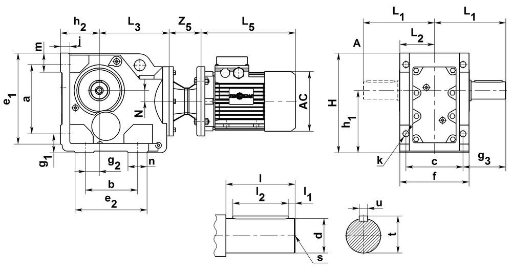 Чертеж коническо-цилиндрических мотор-редукторов К37 - К157 (лапы / цельный вал)