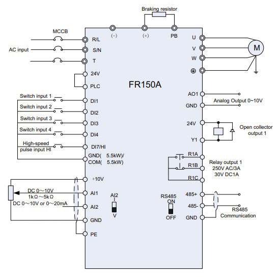 Схема подключения преобразователя частоты FRECON FR150A-4T-5.5B