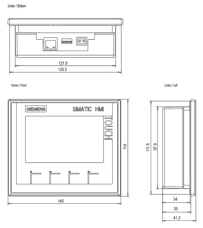 Размеры панели SIEMENS SIMATIC HMI KTP400 Basic PN