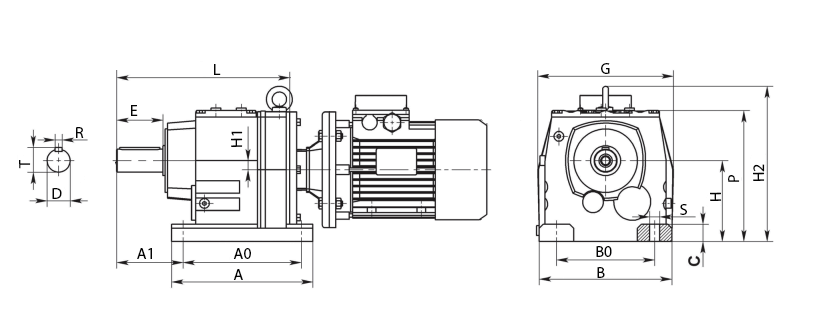 Габаритные и присоединительные размеры цилиндрического мотор-редуктора R (RC)