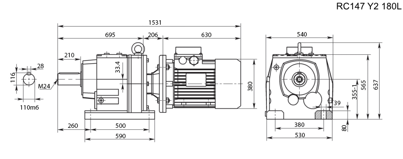 Размеры мотор-редуктора RC147 с электродвигателем Y2 180L