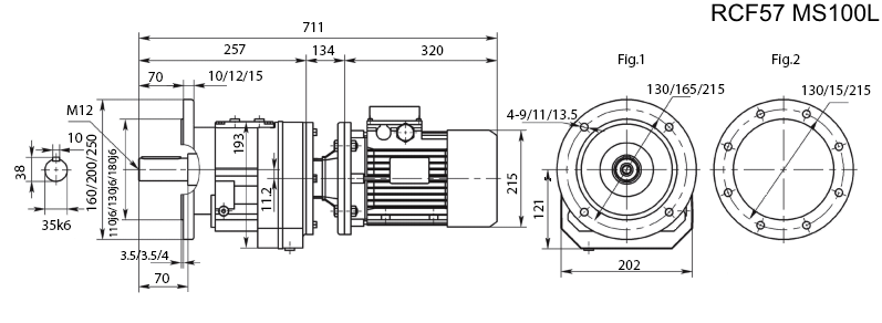Размеры мотор-редуктора RCF57 с электродвигателем MS 100L