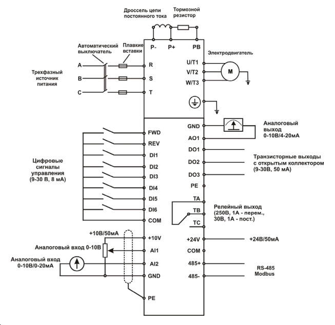 Схема подключения частотного преобразователя PROSTAR PR6100-0150T3G