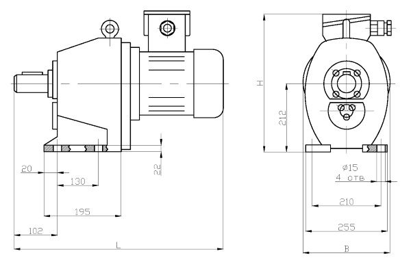 Габаритные размеры цилиндрического мотор-редуктора 1МЦ2С-100Н