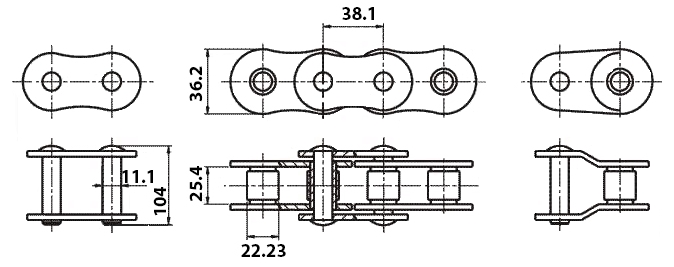 Размеры приводной цепи  2ПPA-38,1-25400