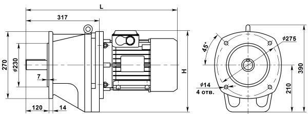 Габаритные размеры мотор-редуктора 4МЦ2С-100. Фланцевое исполнение