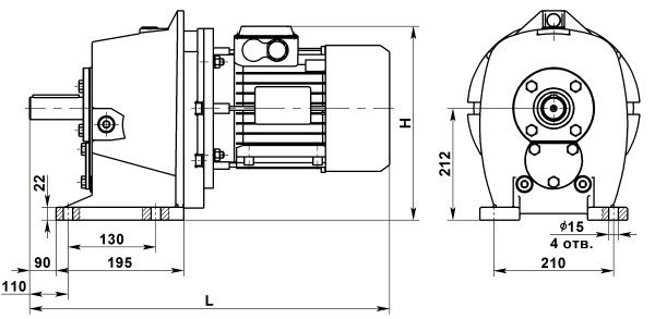 Габаритные размеры мотор-редуктора 4МЦ2С-100. Исполнение 