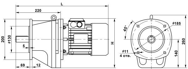 Габаритные размеры мотор-редуктора 4МЦ2С-63. Фланцевое исполнение