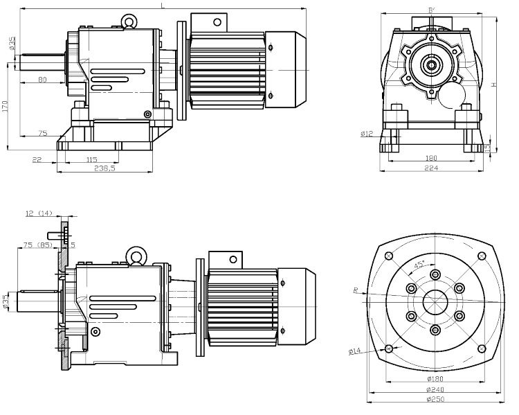 Габаритные и присоединительные размеры мотор-редуктора 4MC2S-80