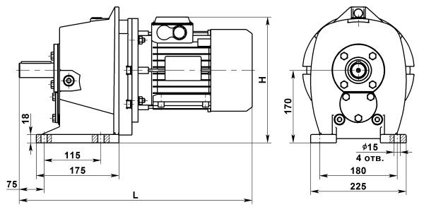 Габаритные размеры мотор-редуктора 4МЦ2С-80. Исполнение 