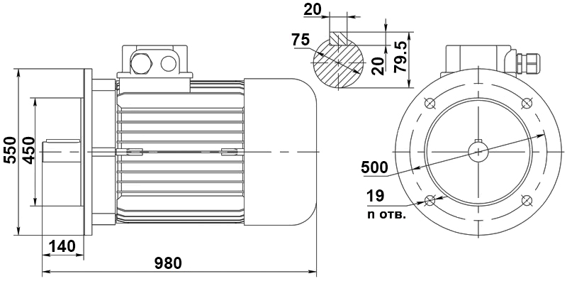 Чертеж асинхронного электродвигателя АИР-250S4 IM3081. Исполнение B5 (фланец)