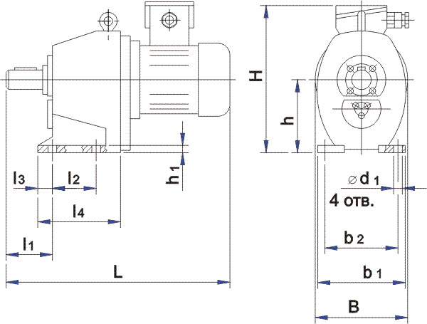 Габаритные размеры цилиндрического мотор-редуктора 1МЦ2С