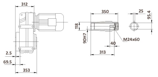 Размеры мотор-редуктора FA107B (лапы / полый вал)