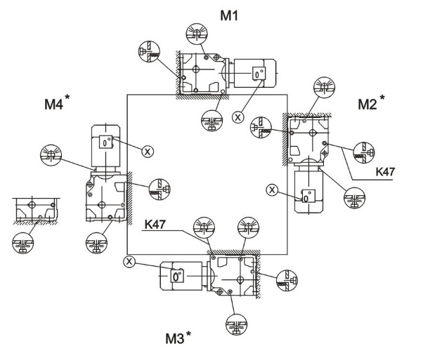 Монтажные позиции коническо-цилиндрического мотор-редуктора K, KA, KAF, KF. Схема 2