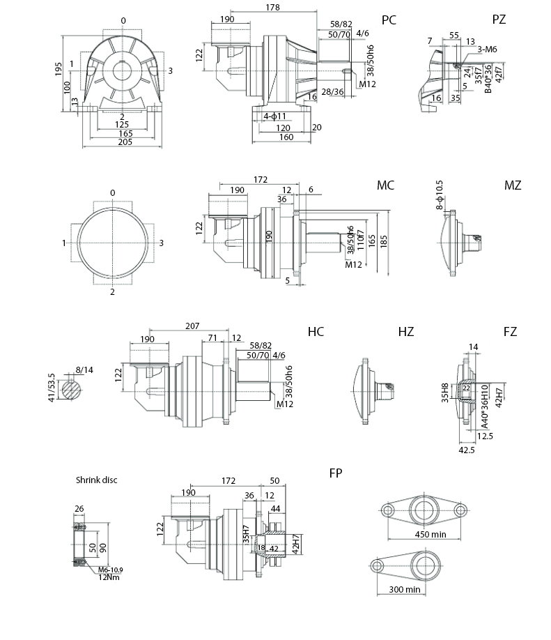 Размеры мотор-редуктора SPN00 R2