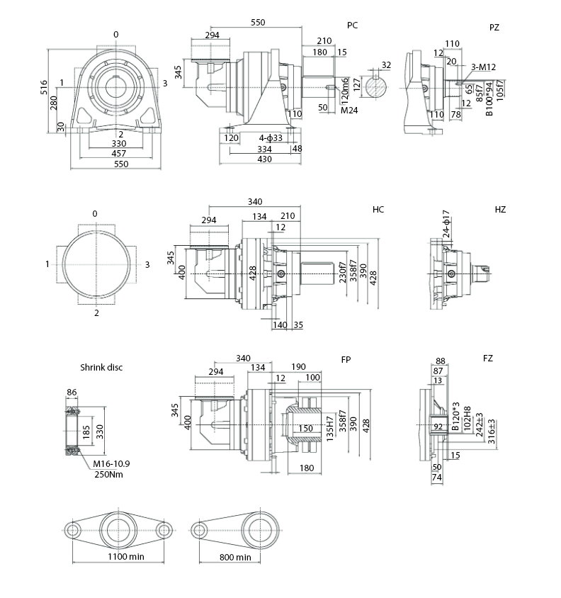 Размеры мотор-редуктора SPN11 R2(B)