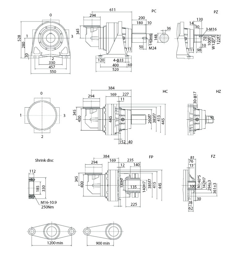 Размеры мотор-редуктора SPN13 R2(B)
