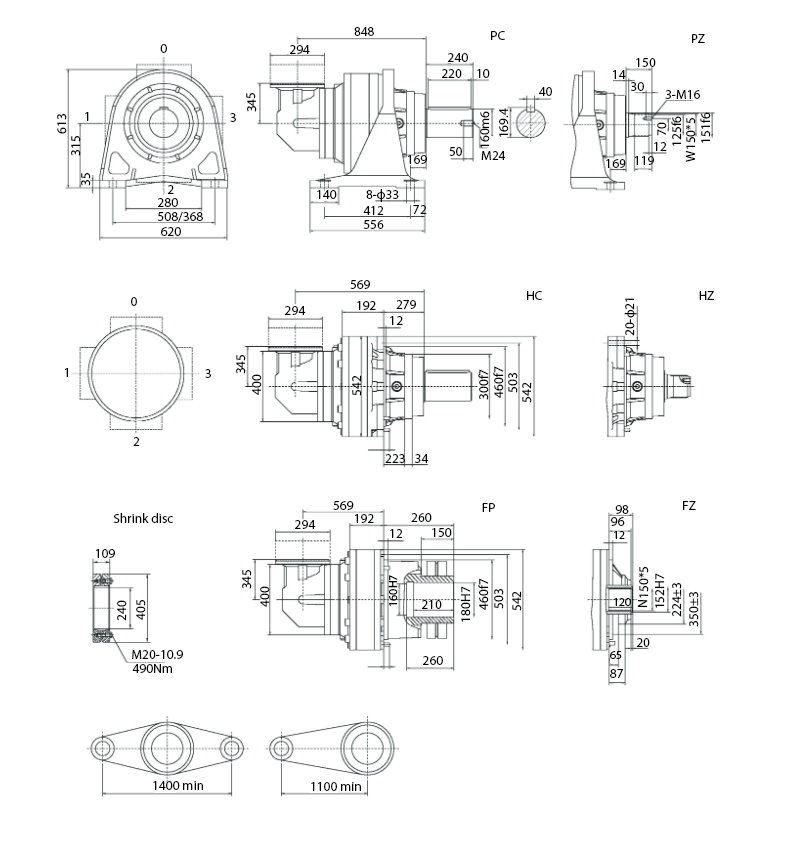 Размеры мотор-редуктора SPN14 R3(B)