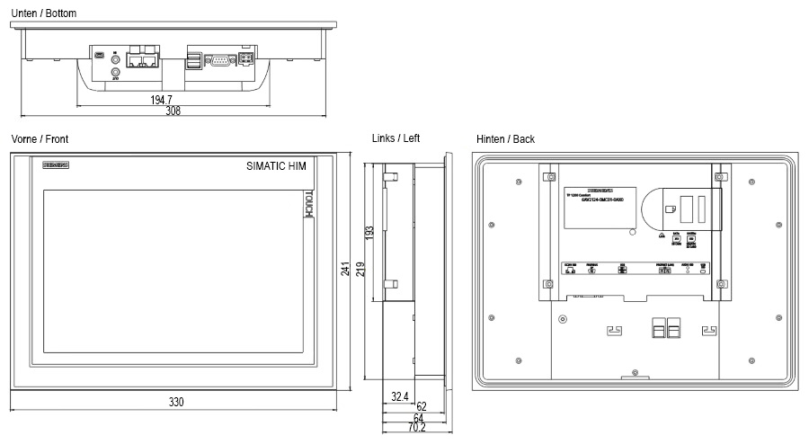 Размеры панели SIEMENS SIMATIC HMI TP1200 Comfort