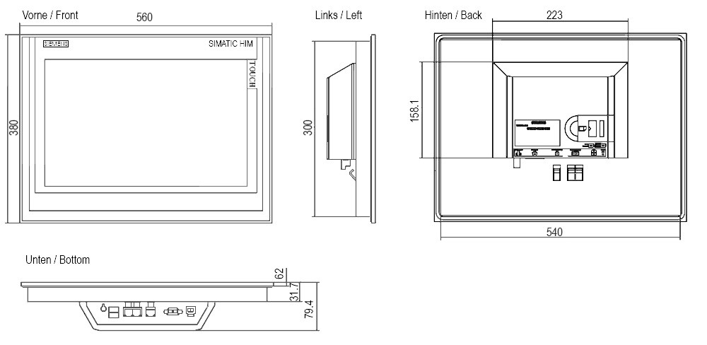 Размеры панели SIEMENS SIMATIC HMI TP2200 Comfort