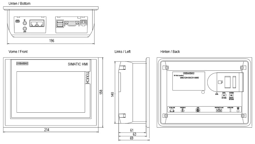 Размеры панели SIEMENS SIMATIC HMI TP700 Comfort