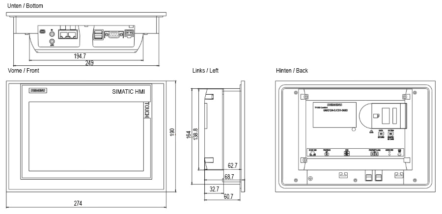 Размеры панели SIEMENS SIMATIC HMI TP900 Comfort