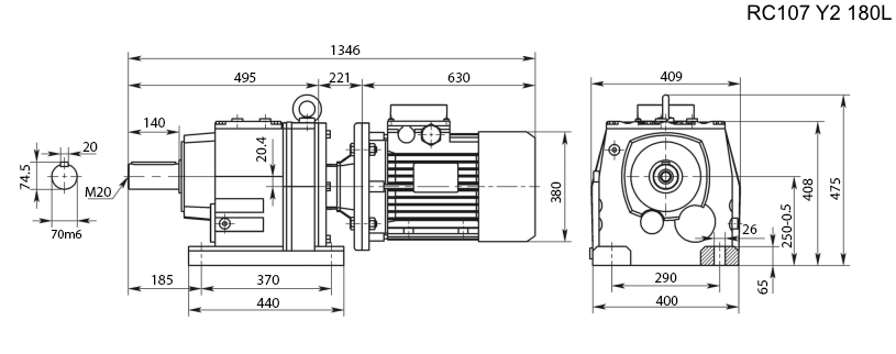 Размеры мотор-редуктора RC107 с электродвигателем Y2 180L