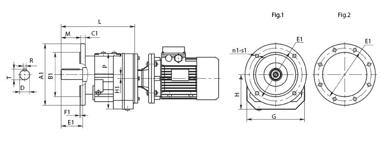Габаритные и присоединительные размеры цилиндрического мотор-редуктора RCF