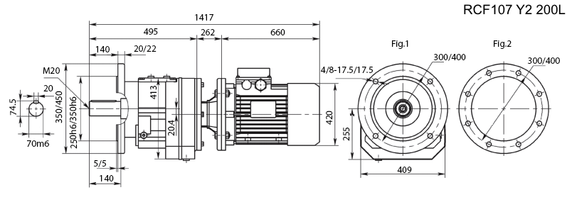 Размеры мотор-редуктора RCF107 с электродвигателем Y2 200L