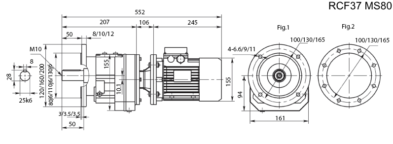 Размеры мотор-редуктора RCF37 с электродвигателем MS 80