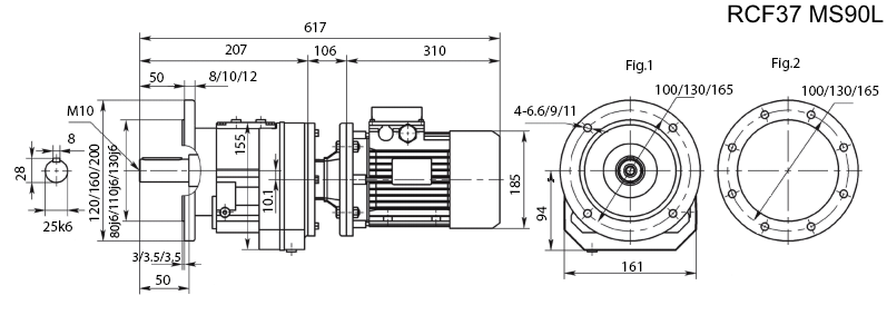 Размеры мотор-редуктора RCF37 с электродвигателем MS 90L