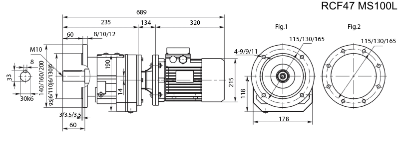 Размеры мотор-редуктора RCF47 с электродвигателем MS 100L