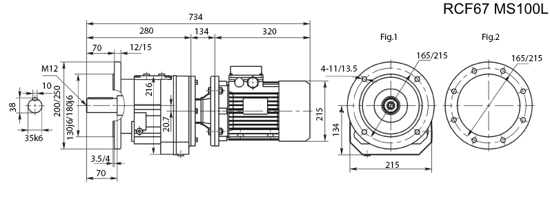 Размеры мотор-редуктора RCF67 с электродвигателем MS 100L
