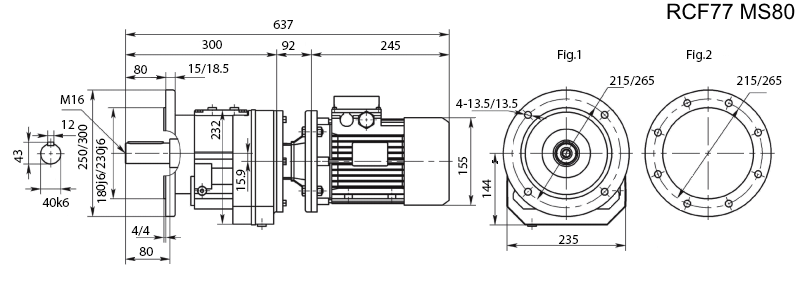 Размеры мотор-редуктора RCF77 с электродвигателем MS 80