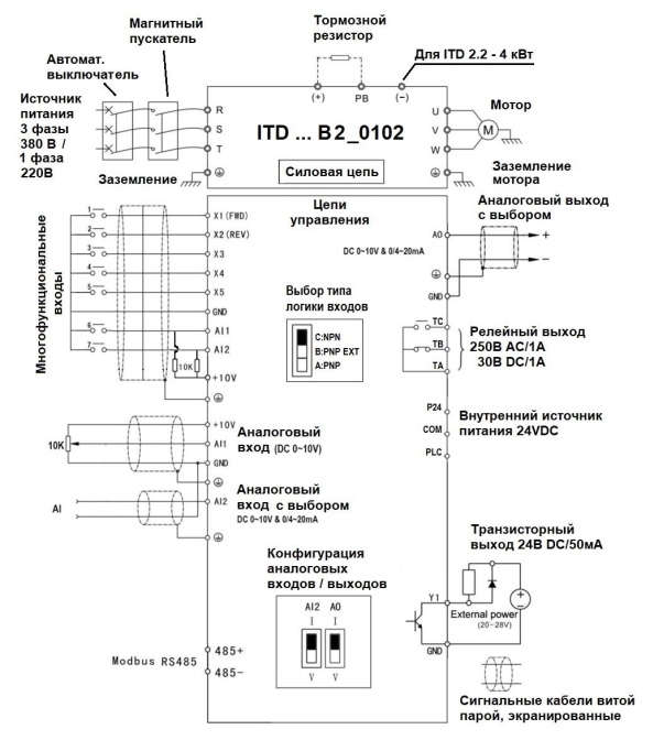 Схема подключения преобразователя INNOVERT ITD 0,25-4 кВт