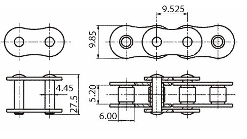Размеры втулочной цепи ПВ-9,525-1150