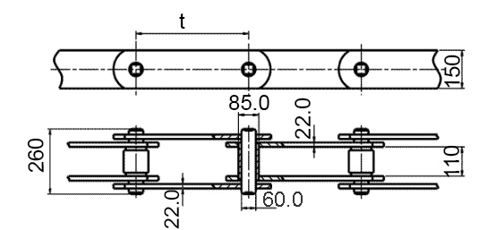 Размеры тяговой пластинчатой цепи М1800. Тип 1