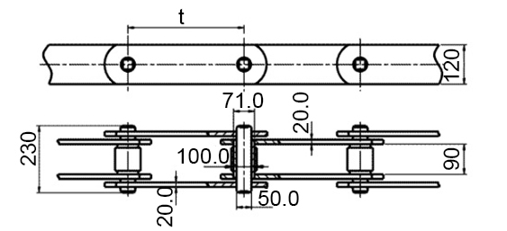 Размеры тяговой пластинчатой цепи М1250. Тип 2