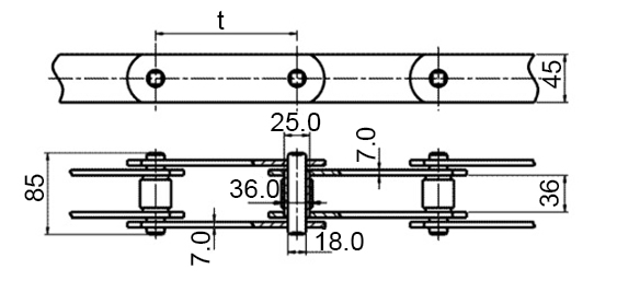 Размеры тяговой пластинчатой цепи М160. Тип 2
