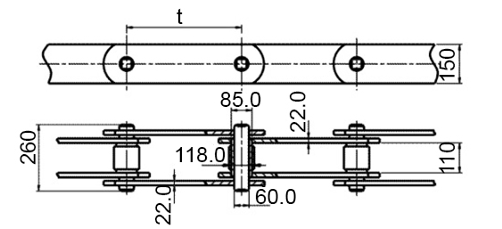 Размеры тяговой пластинчатой цепи М1800. Тип 2