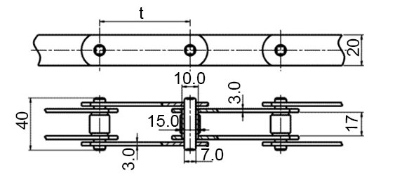 Размеры тяговой пластинчатой цепи М28. Тип 2