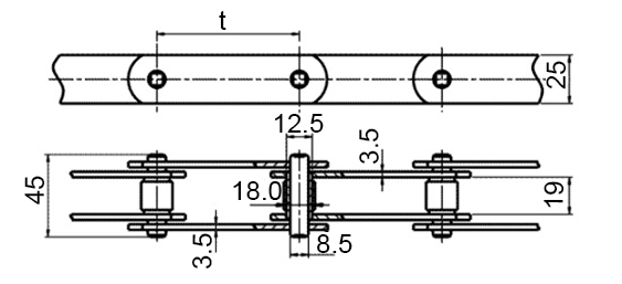 Размеры тяговой пластинчатой цепи М40. Тип 2