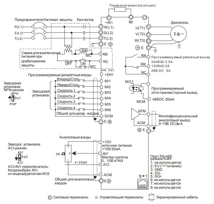Схема подключения DELTA VFD022E43A